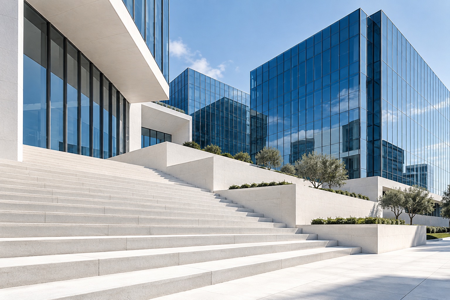Modern glass architecture with ascending stone terraces
